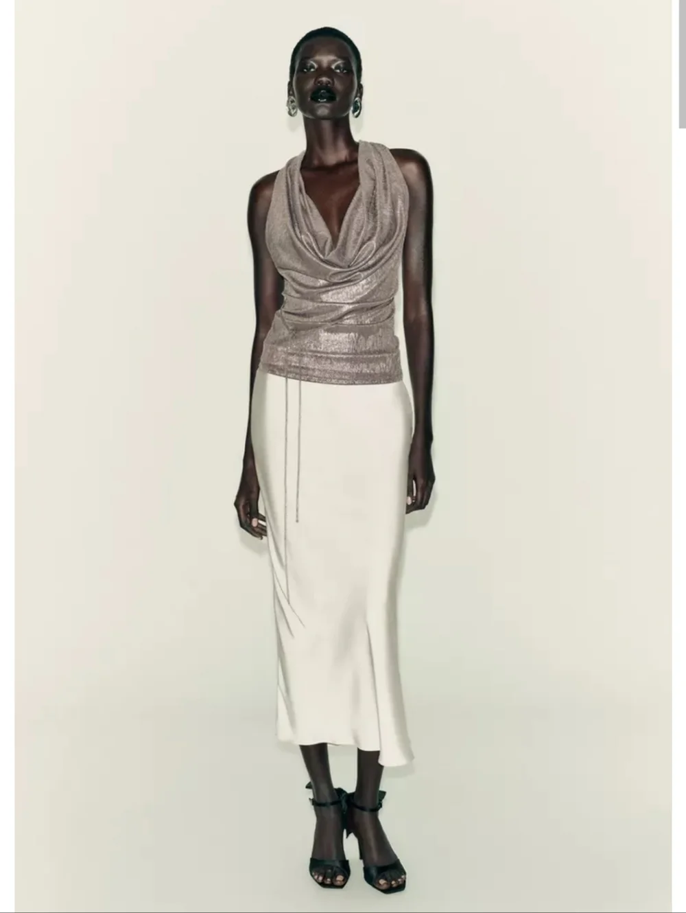 Zara Metallic Taupe Halter Draped Cowl Neck Top - Picture 4 of 8